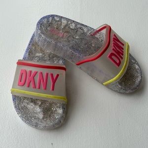 DKNY Clear Glitter Logo Slide Sandal Size 10-11 Toddler